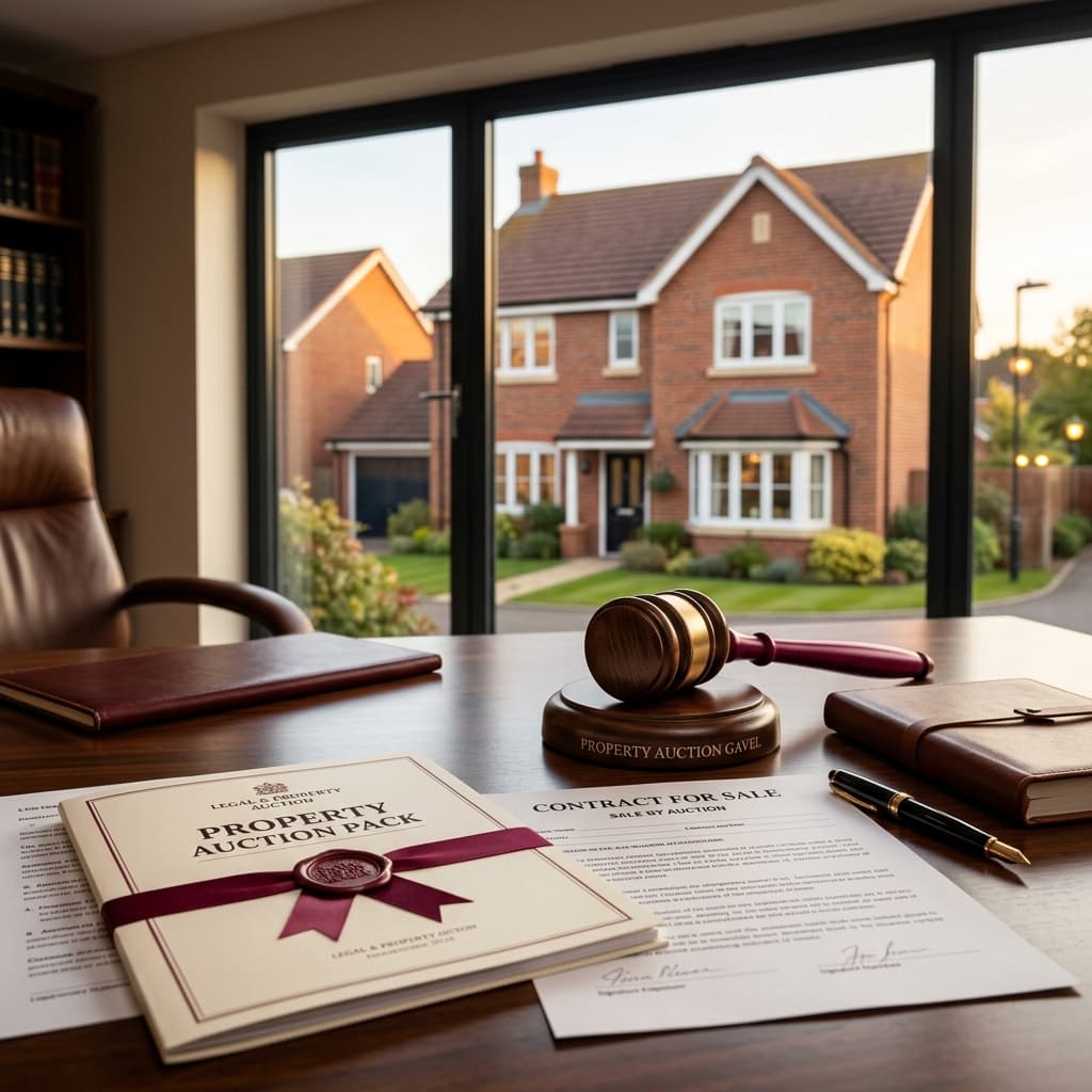 Property auction legal documents with gavel on desk overlooking UK house
